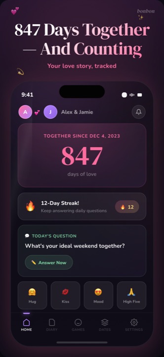 Bonbon home screen — days together counter, pet and connection streak